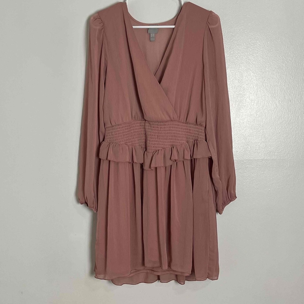 Asos Pink Ruffled Long Sleeve Smocked Waist Pullover V‎ Neck Mini Dress Size 8